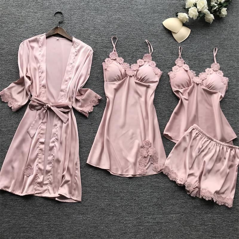 4Pcs Silk Satin Women Pajamas Set With Contrast Color Lace - sharpe elegance1 4pcs-silk-satin-women-pajamas-set-with-contrast-color-lace, 