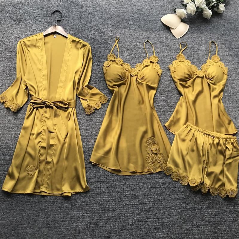 4Pcs Silk Satin Women Pajamas Set With Contrast Color Lace - sharpe elegance1 4pcs-silk-satin-women-pajamas-set-with-contrast-color-lace, 