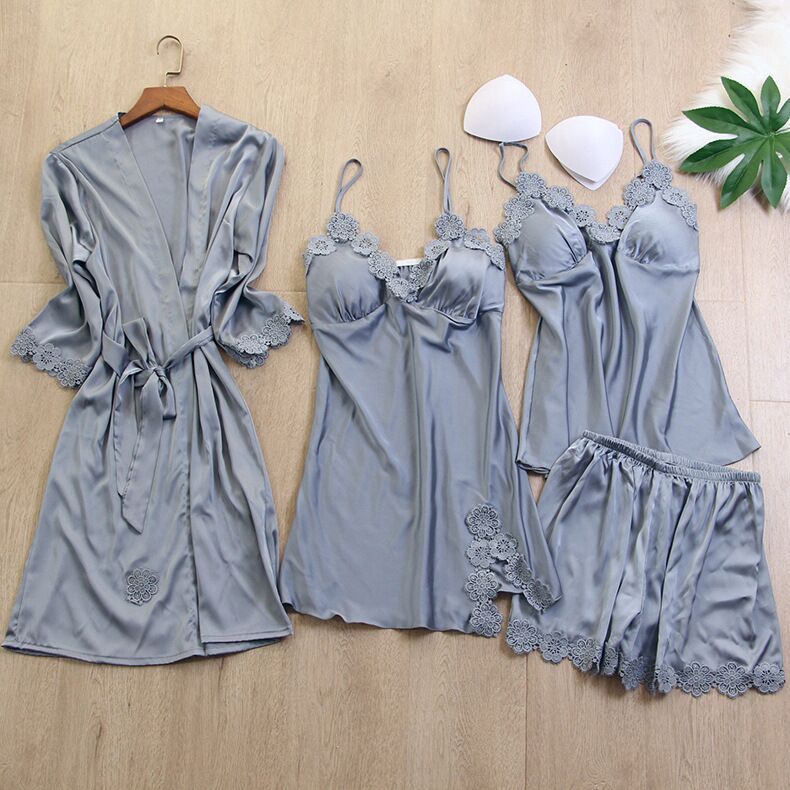 4Pcs Silk Satin Women Pajamas Set With Contrast Color Lace - sharpe elegance1 4pcs-silk-satin-women-pajamas-set-with-contrast-color-lace, 