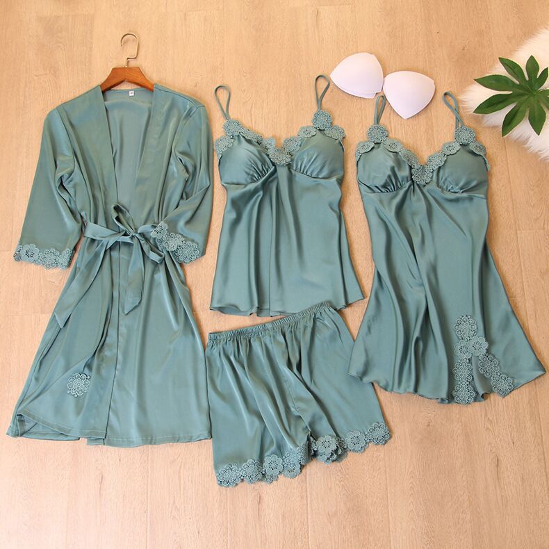 4Pcs Silk Satin Women Pajamas Set With Contrast Color Lace - sharpe elegance1 4pcs-silk-satin-women-pajamas-set-with-contrast-color-lace, 