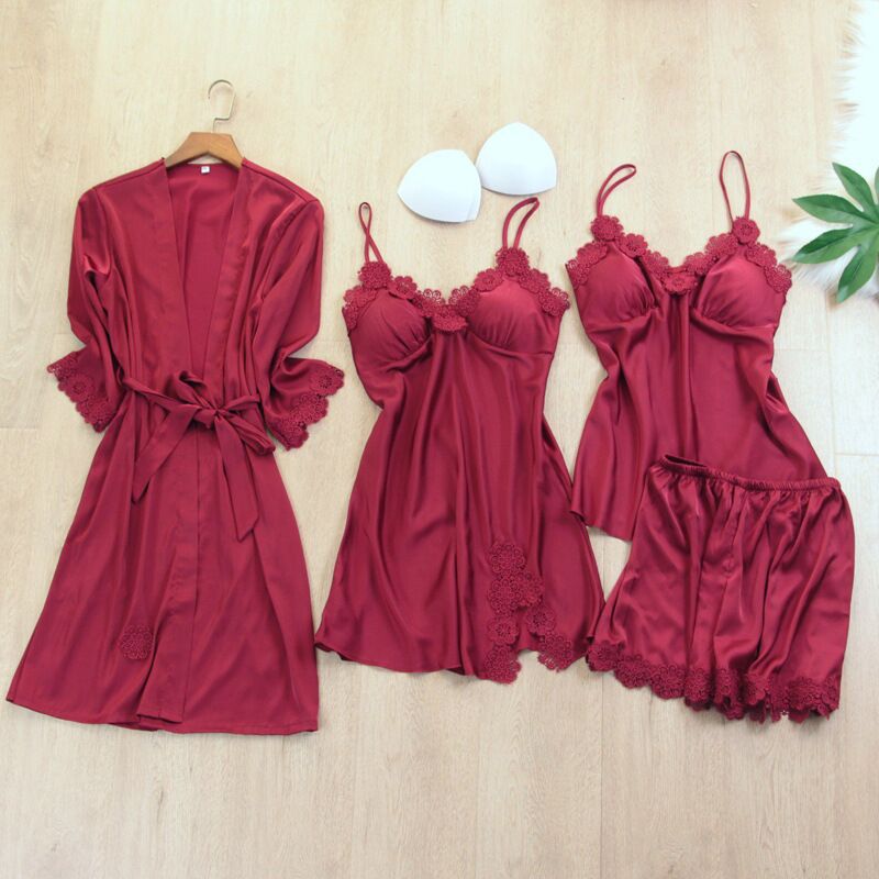 4Pcs Silk Satin Women Pajamas Set With Contrast Color Lace - sharpe elegance1 4pcs-silk-satin-women-pajamas-set-with-contrast-color-lace, 