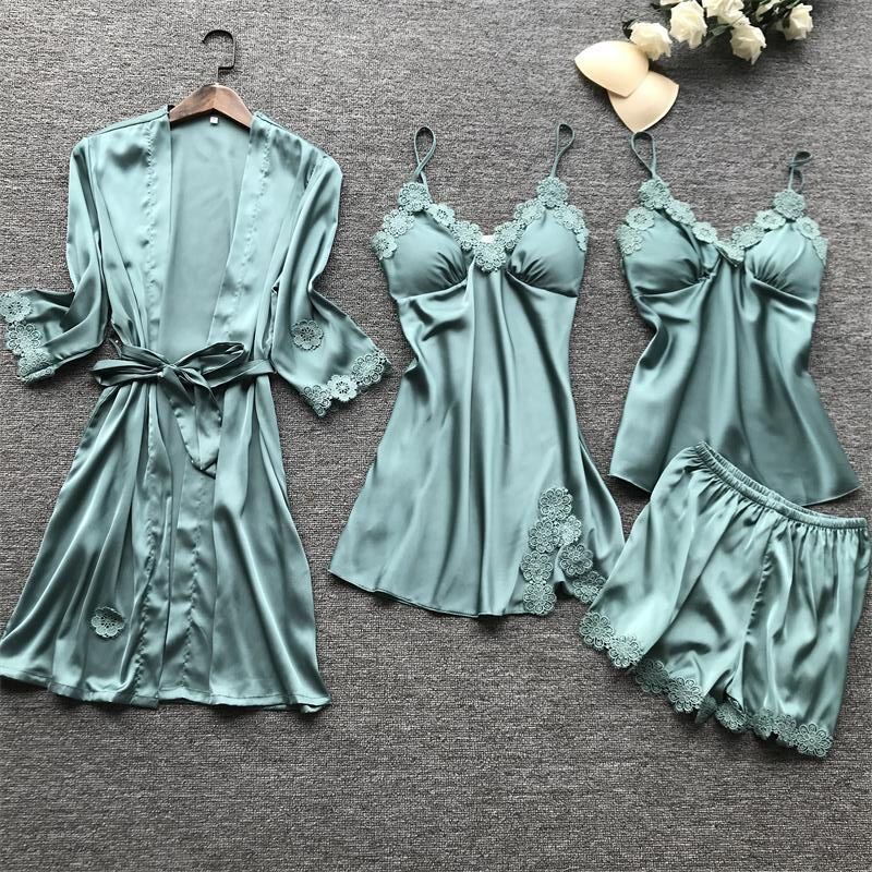4Pcs Silk Satin Women Pajamas Set With Contrast Color Lace - sharpe elegance1 4pcs-silk-satin-women-pajamas-set-with-contrast-color-lace, 